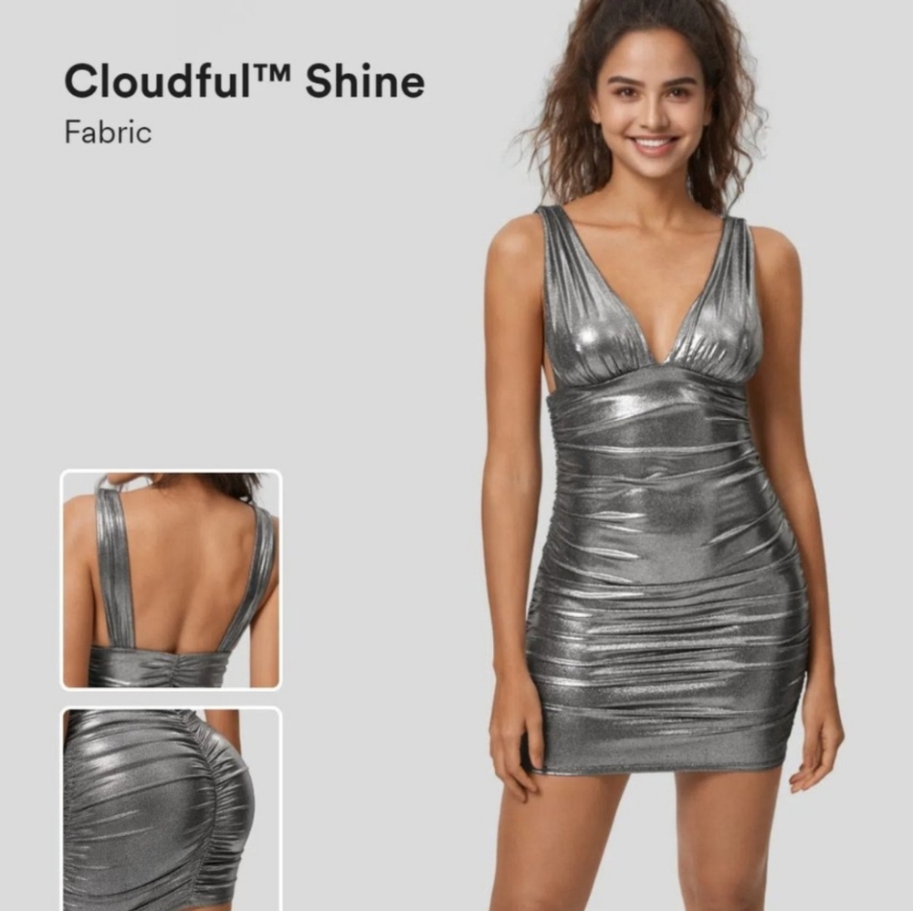 Halara Silver Ruched Plunge Bodycon Dress